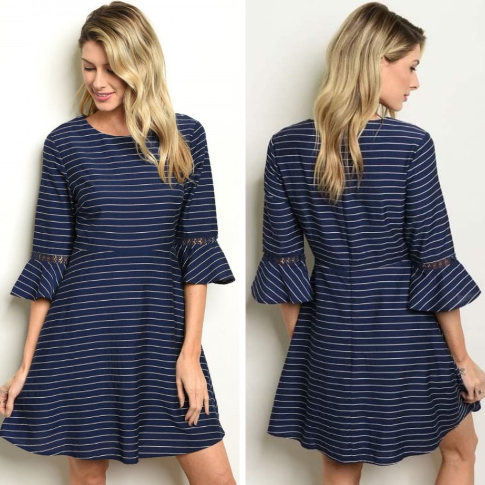 3/4 Sleeve Round Neckline Striped Skater Dress